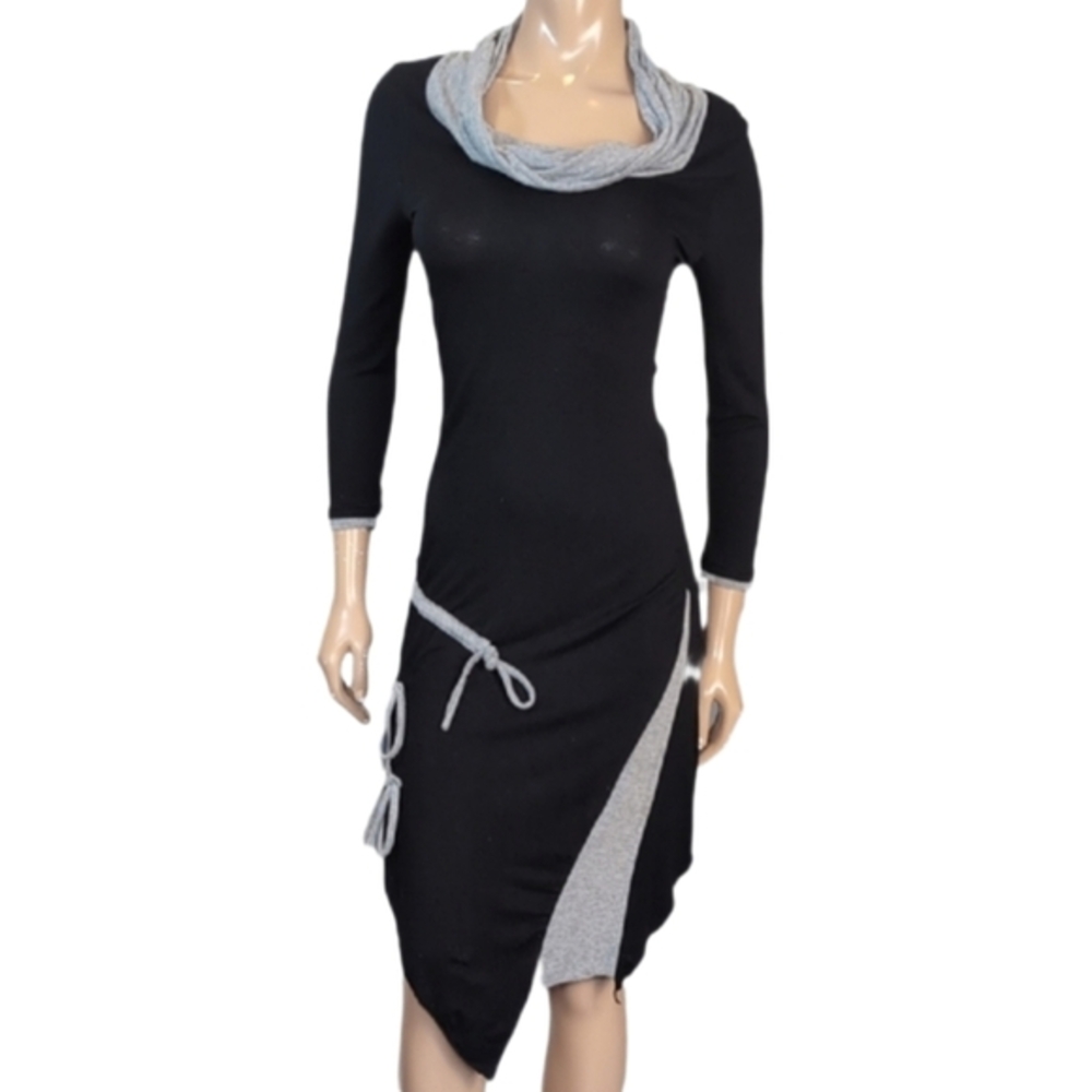 Alison Sheri Cowl Neck Dress Womens Size Small Black Grey Asymmetric Long Sleeve